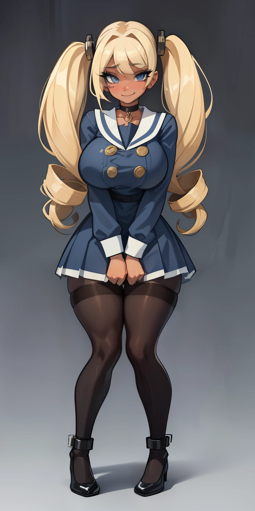 blonde, darkskin, gyaru, sly smile, huge breasts, school clothes, school uniform, bangs over eyes, masterpiece,best quality,1girl,mmplatz,twintails,twin drills,dress,blue pantyhose,striped pantyhose, Female, standing, straight, looking at viewer, handcuffs on their hands, with a collar around the neck, slave, ((black choker, shackles on legs and arms))