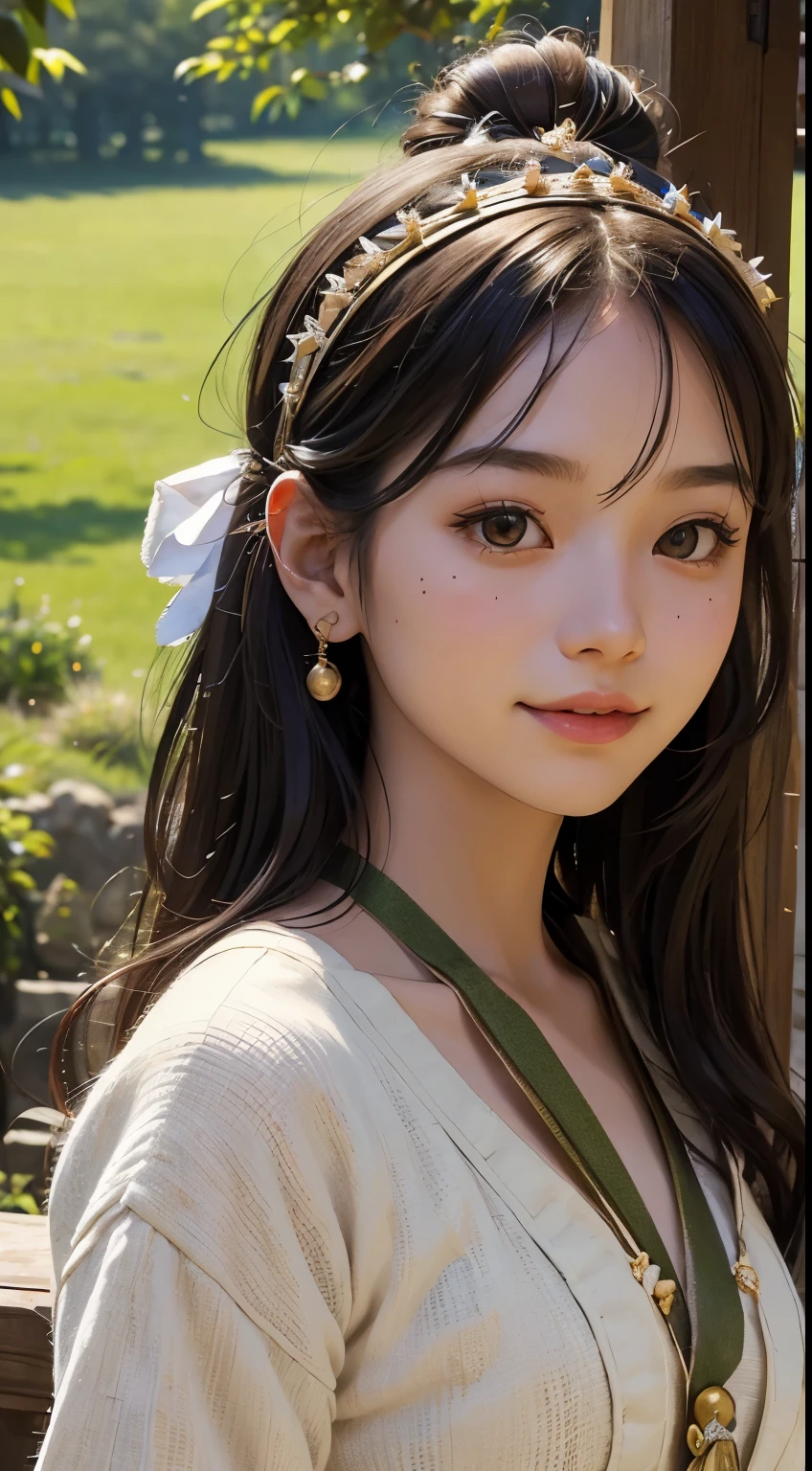 beautiful girl in a primitive costume made of hemp, full body, (front face:1.2), (front view:1.3), photo, an extremely delicate and beautiful, extremely detailed, Amazing, extremely detailed skin, (18 years old:1.2), cute girl, famous Japanese idol, kawaii, fair skin, shiny skin, chin thin, smile, cute, young, extremely detailed nose, extremely detailed mouth, cute face, realistic face, beautiful views, elegant atmosphere