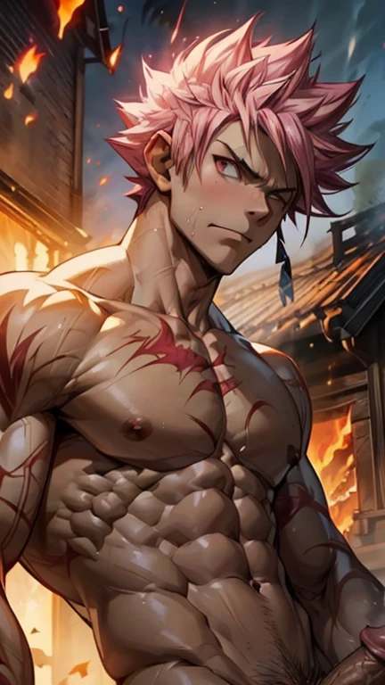 ((upper body)) masterpiece, best quality red eyes, game cg, 1boy adult man, (naked:1.2) rugged adult face, solo, male focus, looking at viewer, upper body, Natsu Dragneel natsu_dragneel, pink hair, red eyes, (shirtless naked), toned muscle, pectorals, 8 abs, toned legs, naked, slightly bulged, (large fire:1.5) and ember (particle effects:1.2), detailed, dynamic lighting, well lit, (fire on skin:1.2), (skin burning:1.2), (eyes on fire:1.2) (pink pubic hair:1.5), (penis:1.2) ((view from a distance))