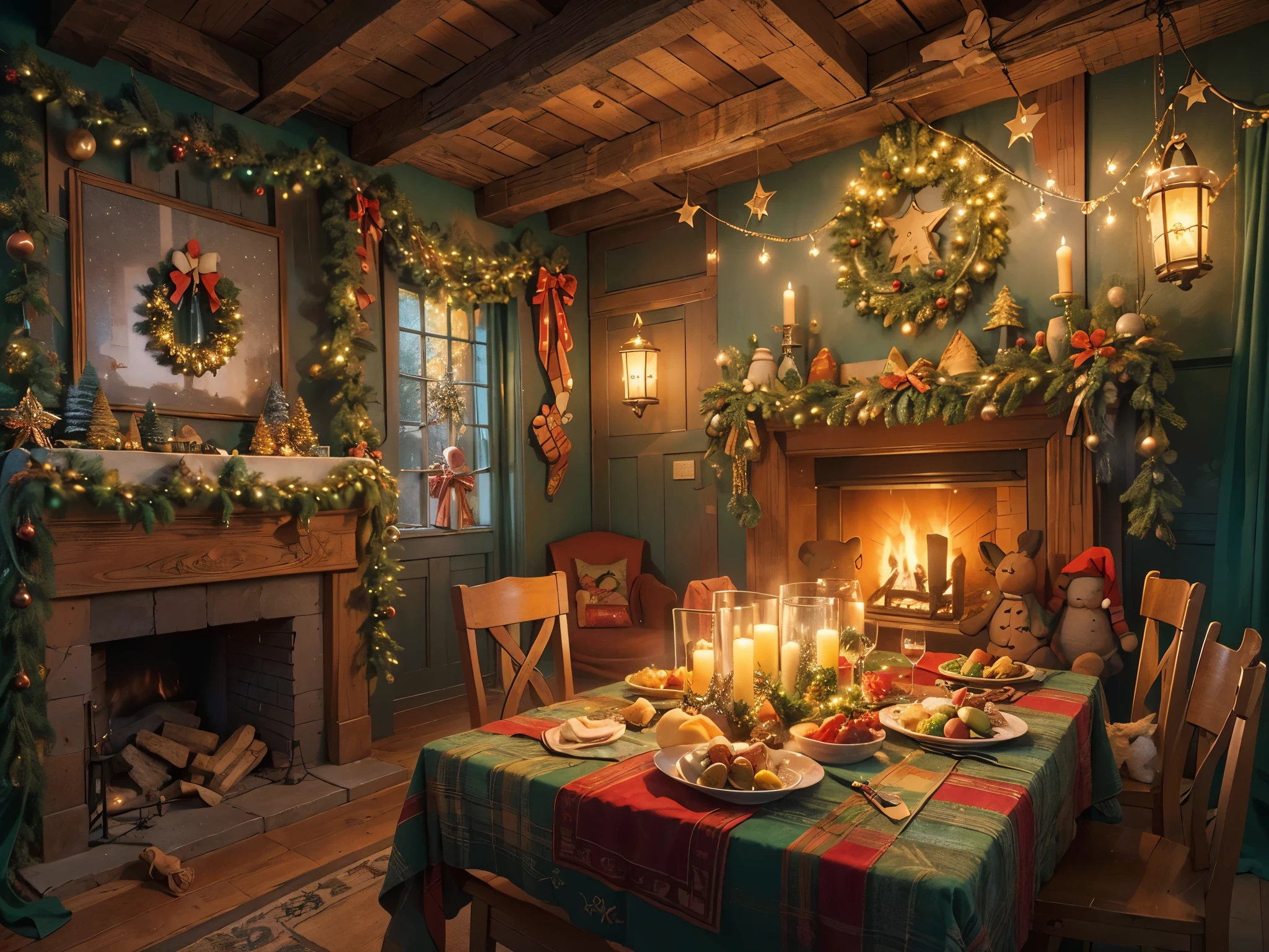 (tmasterpiece:1.2), ultra - detailed, (actual, realistically:1.37), Vibrant colors, Magical atmosphere, Whimsical, ((sky full of stars,The North Star shines)),(Use an illustration style), (European style interior house、Christmas decorations、The fireplace is warm、Lanterns hanging on the stairs、Gifts wrapped in colorful under the Christmas tree、pile of gifts on the floor、wooden floor、Decorated pine tree、镶wooden floor、mantel、red and green、Christmas atmosphere、traditional christmaestive atmosphere、chaleureux、joyeux Noel、gift tag、Christmas wreath、decorations、metal ribbon、Christmas tree lights、Confectionery,Gingerbread Man,lamplight)、(房间布置得有浓浓的Christmas atmosphere. A string of shining colored lights hangs on the wall, 窗台上放着Christmas wreath和小雪人, In the corner of the room stands a beautifully decorated Christmas tree). (On a table, There are beautiful cutlery and red plates. In the center of the table, Have a sumptuous Christmas feast, Next to it is a bottle of red wine and two exquisite wine glasses, Brings warmth and comfort to the entire room). (Ghibli-style colors, first person perspective, hyper HD, tmasterpiece, acurate, Anatomically correct, ctextured skin, super detailing, high detal, high qulity, Award-Awarded, Best quality at best, 8K))), hyper realisitc的, Psychedelic, Complicated details, Beautiful texture, Ethereal, like a dream, Soft glowing light, Charming Patterns, Fantasy creatures, Hidden surprises, dreamlike landscapes, hyper realisitc的 color palette, Mystic aura, hyper realisitc, Enchanting journey, psychedelic trip, vivid imagination, immersive experience, mysterious creature, otherworldly charm, glowing paths, Light up a magical Christmas, hyper realisitc的天空, Whimsical theme park, a magical encounter,Fascinating artwork,(Ultra-high saturation,Bright and bright: 1.8), (Ultra-high saturation,Bright and bright: 1.8), Chr457m45m3rg3D0nMN3M1C neon