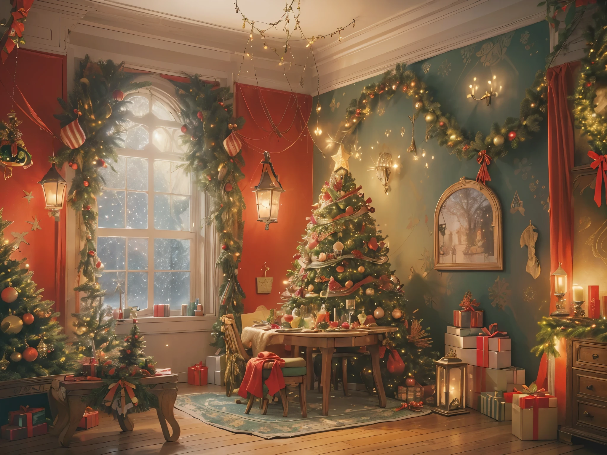 (tmasterpiece:1.2), ultra - detailed, (actual, realistically:1.37), Vibrant colors, Magical atmosphere, Whimsical, ((sky full of stars,The North Star shines)),(Use an illustration style), (European style interior house、Christmas decorations、The fireplace is warm、Lanterns hanging on the stairs、Gifts wrapped in colorful under the Christmas tree、pile of gifts on the floor、wooden floor、Decorated pine tree、镶wooden floor、mantel、red and green、Christmas atmosphere、traditional christmaestive atmosphere、chaleureux、joyeux Noel、gift tag、Christmas wreath、decorations、metal ribbon、Christmas tree lights、Confectionery,Gingerbread Man,lamplight)、(房间布置得有浓浓的Christmas atmosphere. A string of shining colored lights hangs on the wall, 窗台上放着Christmas wreath和小雪人, In the corner of the room stands a beautifully decorated Christmas tree). (On a table, There are beautiful cutlery and red plates. In the center of the table, Have a sumptuous Christmas feast, Next to it is a bottle of red wine and two exquisite wine glasses, Brings warmth and comfort to the entire room). (Ghibli-style colors, first person perspective, hyper HD, tmasterpiece, acurate, Anatomically correct, ctextured skin, super detailing, high detal, high qulity, Award-Awarded, Best quality at best, 8K))), hyper realisitc的, Psychedelic, Complicated details, Beautiful texture, Ethereal, like a dream, Soft glowing light, Charming Patterns, Fantasy creatures, Hidden surprises, dreamlike landscapes, hyper realisitc的 color palette, Mystic aura, hyper realisitc, Enchanting journey, psychedelic trip, vivid imagination, immersive experience, mysterious creature, otherworldly charm, glowing paths, Light up a magical Christmas, hyper realisitc的天空, Whimsical theme park, a magical encounter,Fascinating artwork,(Ultra-high saturation,Bright and bright: 1.8), (Ultra-high saturation,Bright and bright: 1.8), Chr457m45m3rg3D0nMN3M1C neon