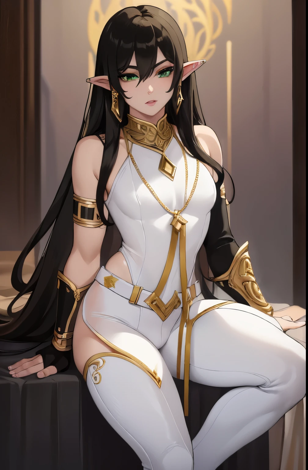 Sexy, Femboy,elf male,long black hair,twink,slender body,green eyes, plump lips, black and gold elven tunic, white pants, bulge crotch,leather boots,leather arm bands,fingerless gloves,earrings,ethereal atmosphere,