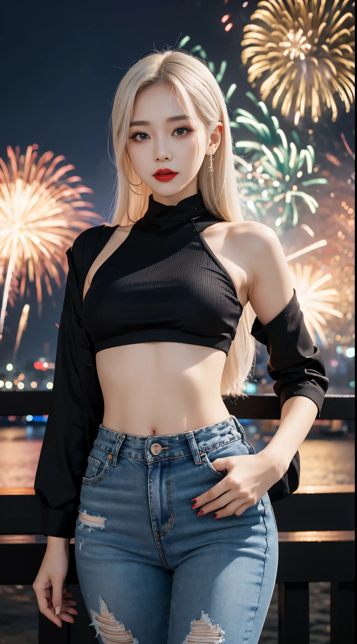 Beautiful girl, french makeup, french girl, blue eyes, red lips, platinum hair, sexy streetwear, eiffel tower background, fireworks.