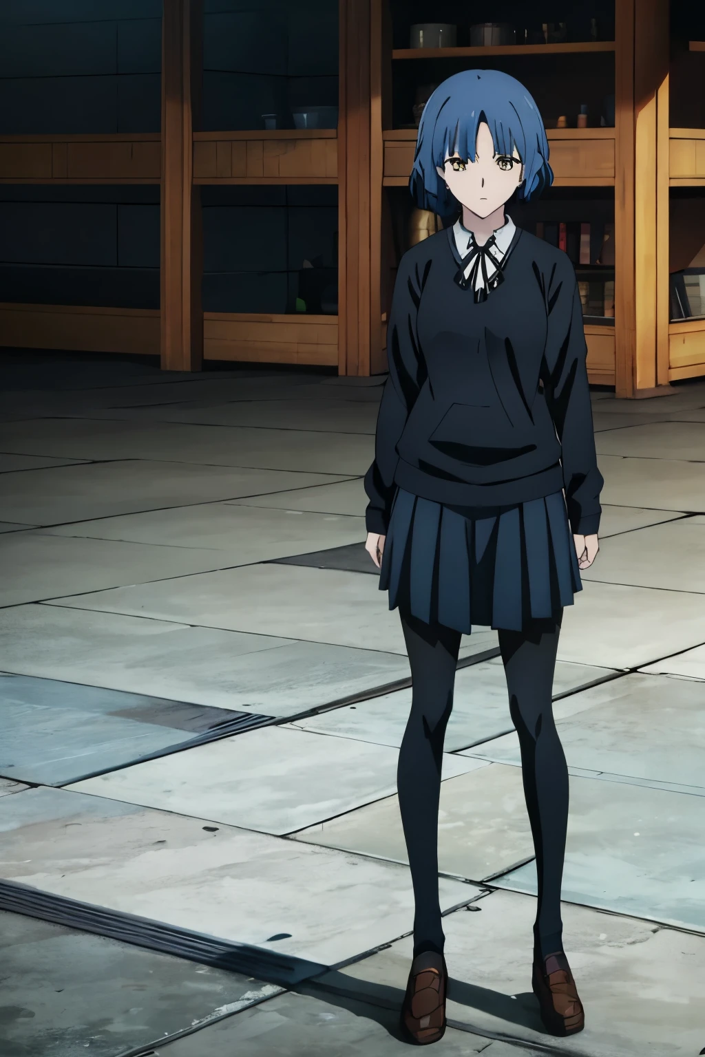 blue hair, yellow eyes, yamada ryo, hair ornament, black sweater, neck ribbon, pleated skirt, black pantyhose