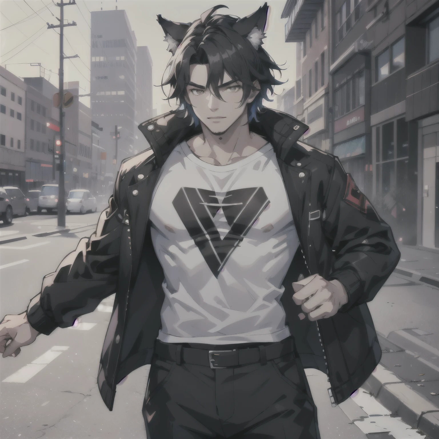 A black-haired male wolf-eared boy wearing a white t-shirt and a black jacket and pants