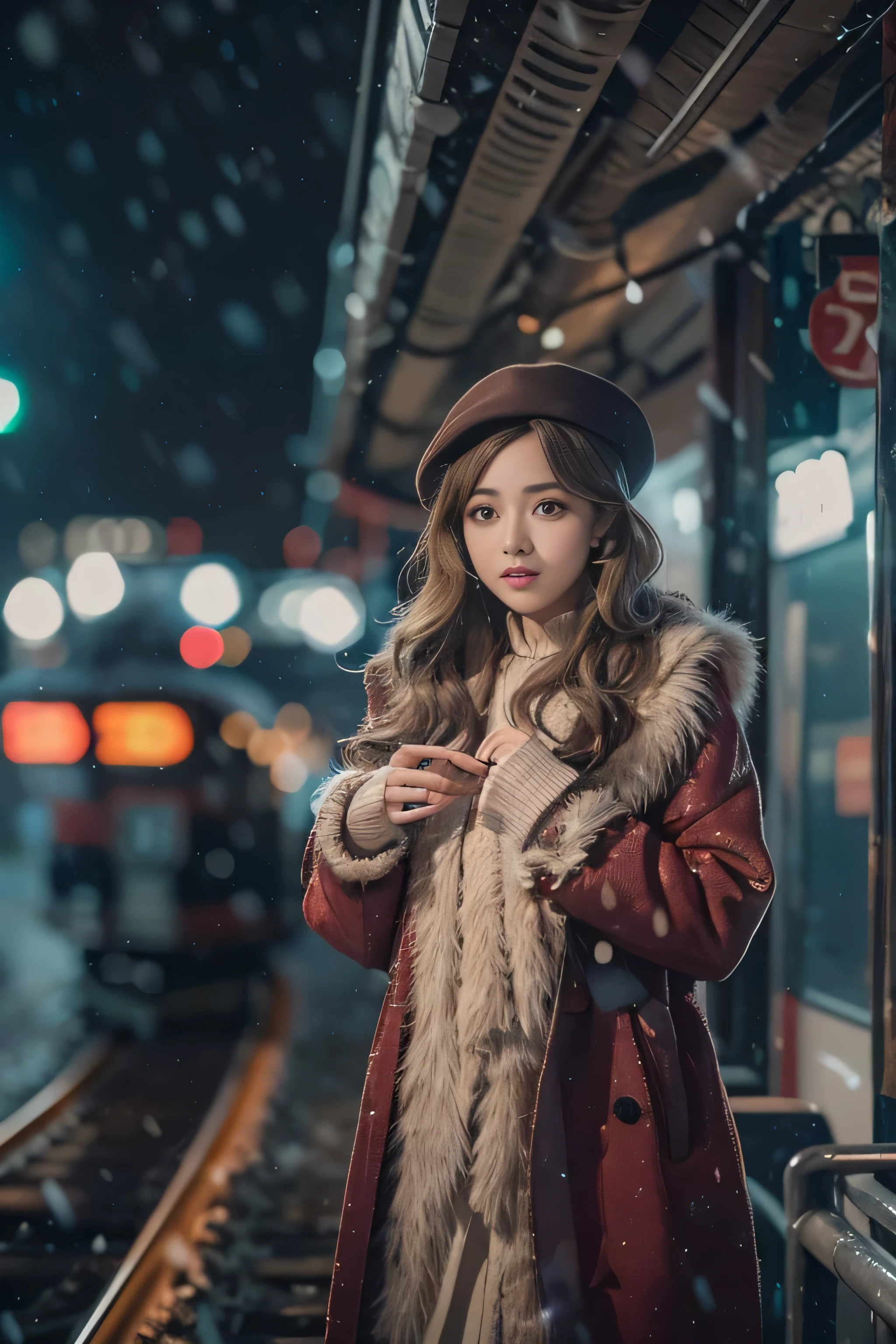 1womanl、Early 20s、(Strong-willed super beautiful woman)、(ultra beautiful faces)、(A detailed face)、Wearing makeup、Wavy brown hair、christmas snowy night、Standing on the platform of a metropolitan station、Background is a stationary train、Shallow depth of field