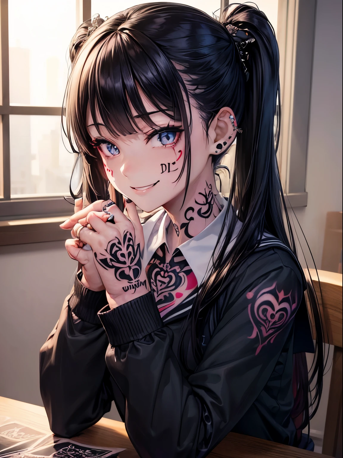 (masterpiece, best quality:1.2, perfect hands, parfect fingers, parfect face, high resolution, ultra detail, 4k,), cinematic lighting,
1 girl, kawaii, face focus,
black hair, blunt bangs, twintails,
naughty face, crazy smile, looking up, looking right,
piercing ears, (((tattoo hands, tattoo neck, black tattoo, text tattoo,))), (wedding ring),
(winter long sleeve school uniform), classroom, window over twilight sky,