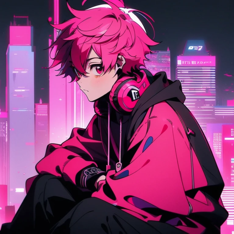 (short-cut), (Two-block hair), (vivid pink hair), (male character), (Red Eyes), (Cool pose), (of the highest quality), (​masterpiece), (ultra-detailliert), (Oversized hoodies), (Street), (neons), (Camera from a down angle), (Modern City), (neonsデイライト), (Cinematic), (Stylish), (hight resolution), (Hyper Detailed), (Looking at the camera), (Anime-style), (Softtown), (nightcore), (a handsome man), (Listening to music through headphones), (natural appearance of the building), (casual), (ig studios anime style), (sit pose),