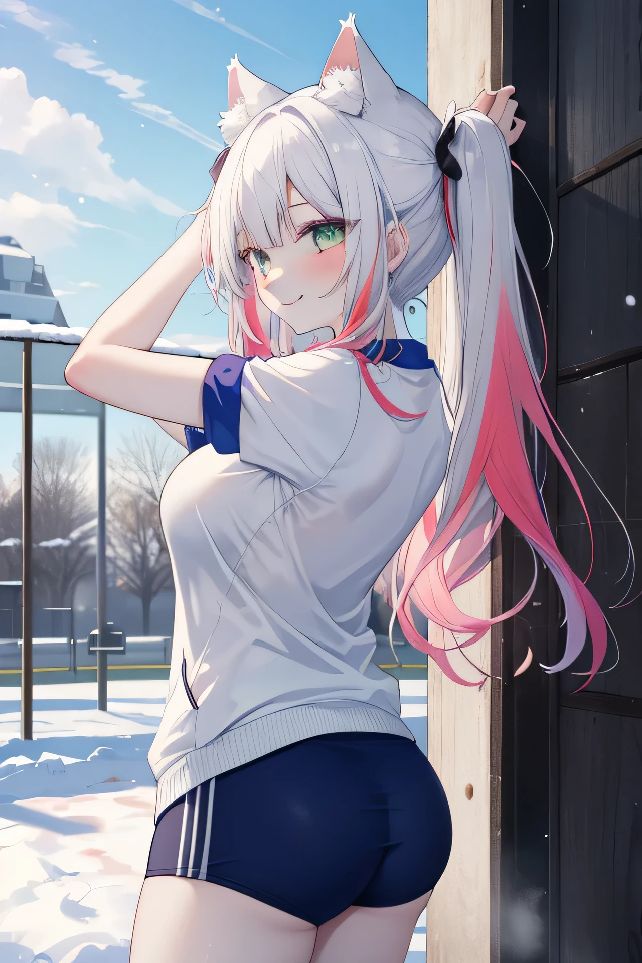 ((masutepiece)), ((Best Quality)), ((8K)), High resolution, 1girl in, Cat ears, pale skin, Large breasts, Green eye, Multicolored long hair, Twin tail, yuki, smugness, Smile, Stretching, Arched back, morning, Sunny, Park, gymnastic suit,