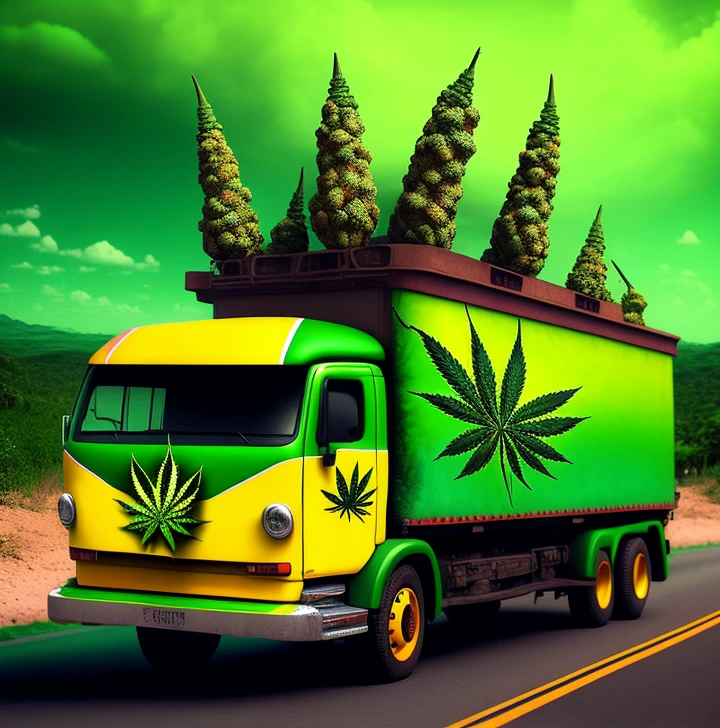 arafed truck with a marijuana leaf on the side driving down the road, jamaican vibe, jamaican colors, rastafarian, jamaica, 🔞🤡, reggae, rasta, 🚿🗝📝, raggae art, 🇺🇦, , ganja, made with photoshop, !, , inspired by Mike Winkelmann