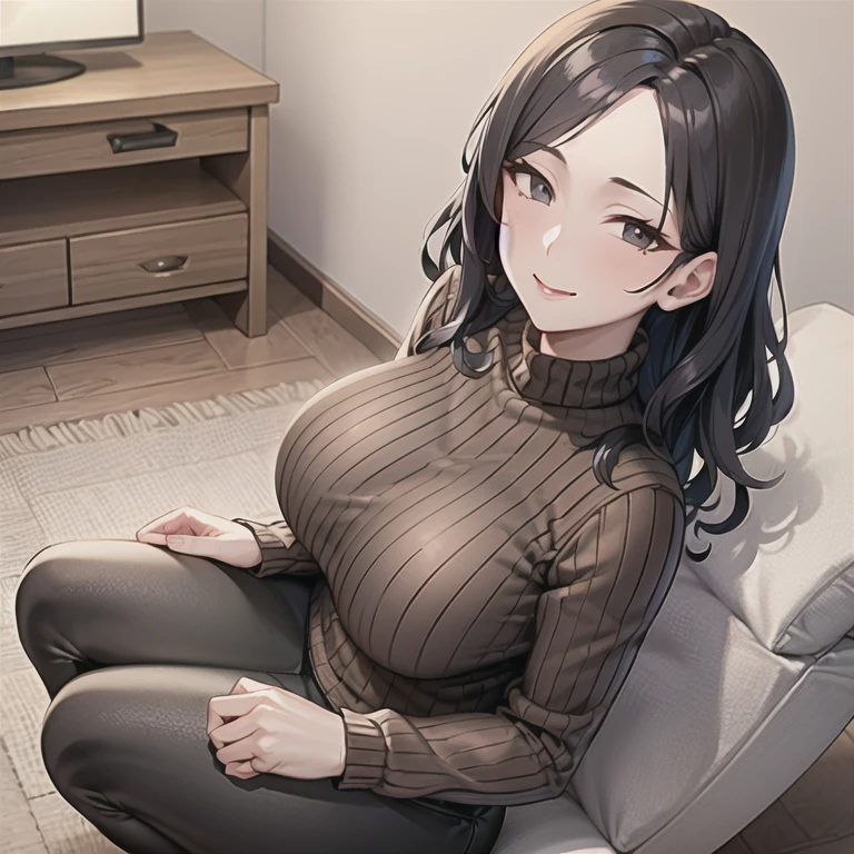 masterpiece, best quality, 1girl, solo, mature female, wavy hair, medium hair, black hair, black eyes, double-parted bangs, huge breasts, ribbed shirt, long sleeves, brown shirt, black pants, smile, looking at viewer, living room