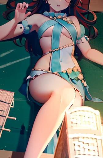 girl with　tits out　Lying on your back　Arms raised up　Eyes closed　Open legs　kawaii　looking-down　lie down　on the beds