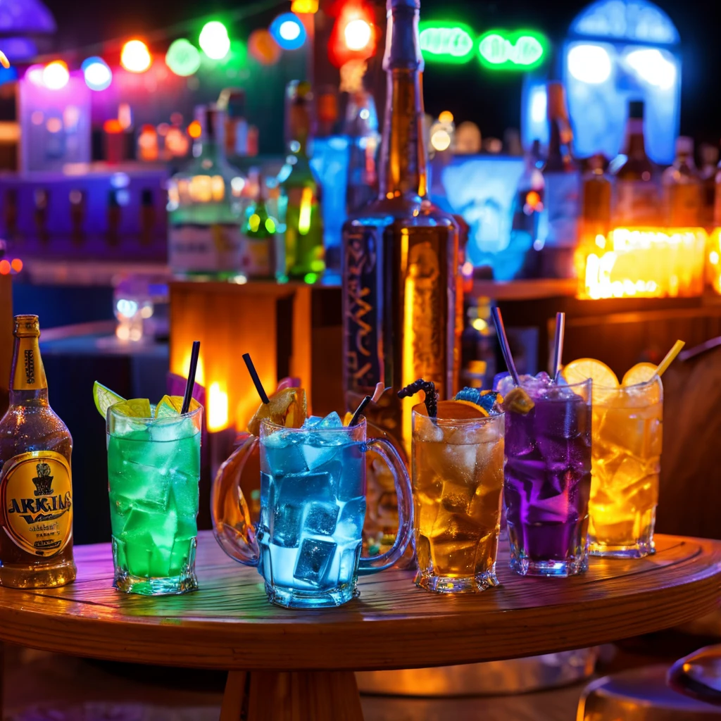 Hyper detailed 3d realistic of aliens having a drink of alcohol in their favorite hangout.