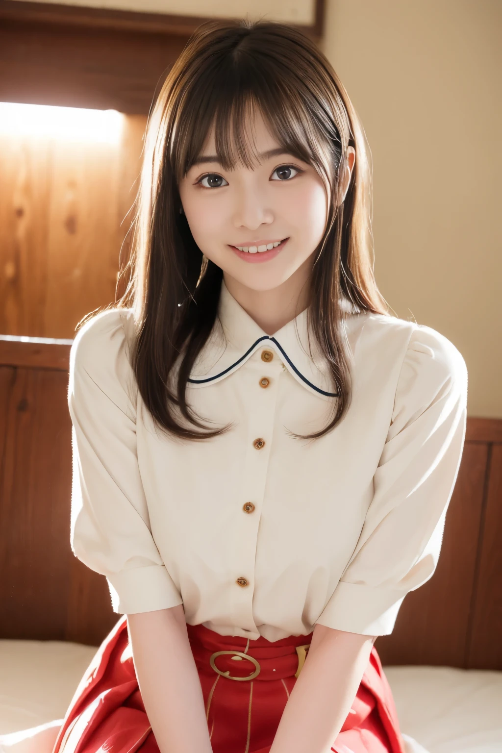 8K raw photos、hight resolution、Japan at the age of 18、beautiful eyes finely detailed、long eyelasher、beautiful double eyelid、eye line、Slender eyes、elongated eye shape、Sansakumaru'Legally thin and beautiful thighs、Random long hair、A smile、girly style outfit、Black mini skirt、Cowboy Shot、Black stockings、