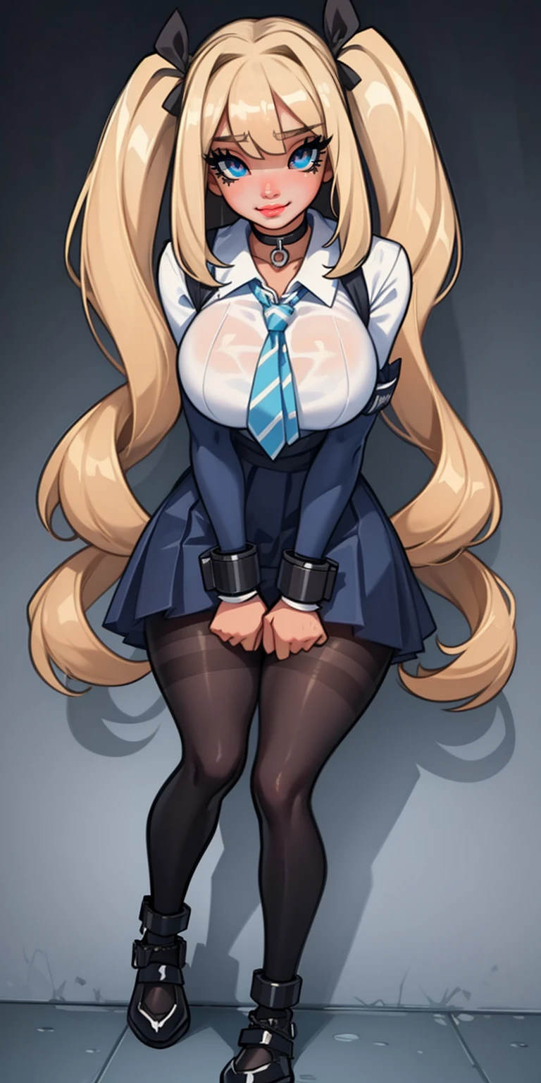 blonde, darkskin, gyaru, sly smile, huge breasts, school clothes, school uniform, bangs over eyes, masterpiece,best quality,1girl,mmplatz,twintails,twin drills,dress,blue pantyhose,striped pantyhose, Female, standing, straight, looking at viewer, handcuffs on their hands, with a collar around the neck, slave, ((black choker, shackles on legs and arms))