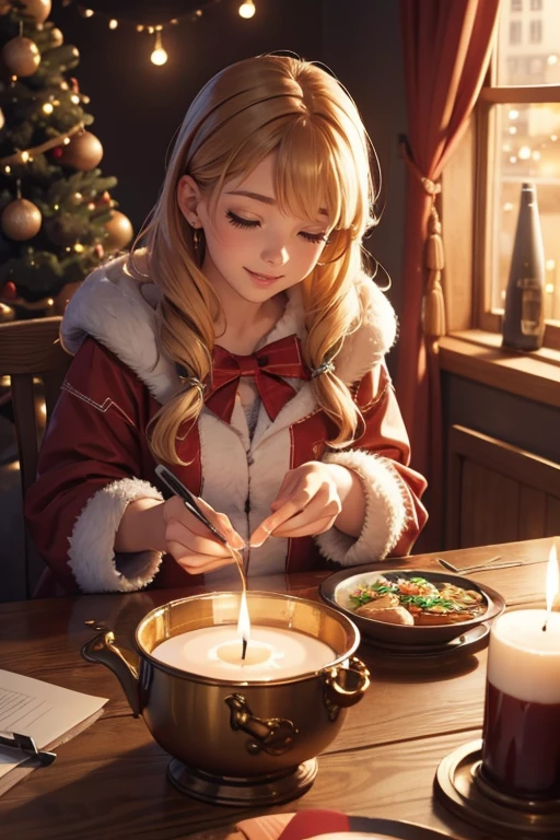 1girl, Christmas Gift, decorations, table, candles, warm lighting, exciting surprises, shiny, cozy atmosphere, joyful, cheerful, celebration, intricate, (best quality, masterpiece, Representative work, official art, Professional, unity 8k wallpaper:1.3)