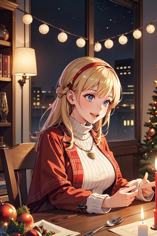 1girl, Christmas Gift, decorations, table, candles, warm lighting, exciting surprises, shiny, cozy atmosphere, joyful, cheerful, celebration, intricate, (best quality, masterpiece, Representative work, official art, Professional, unity 8k wallpaper:1.3)