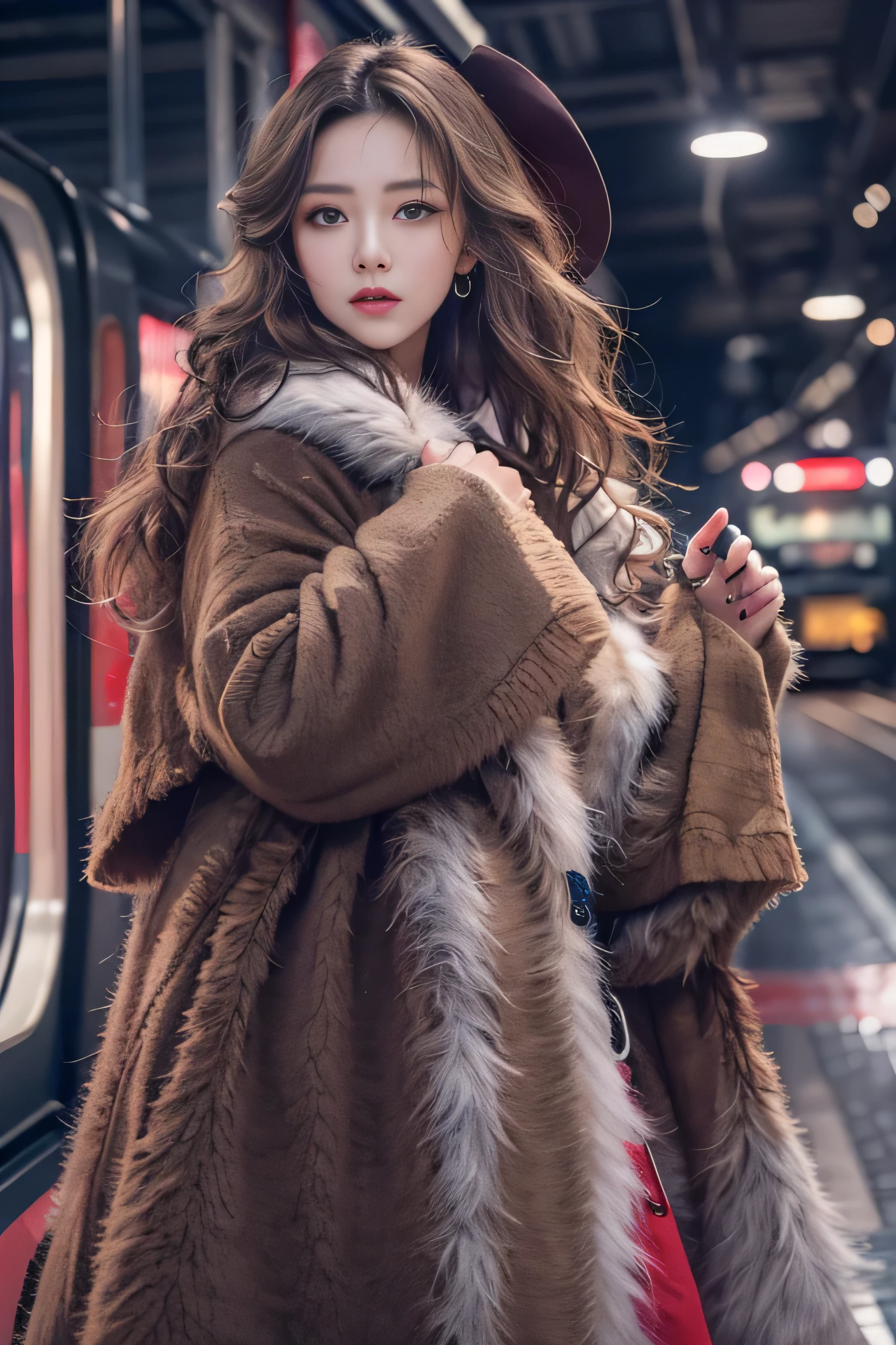 1womanl、Early 20s、(Strong-willed super beautiful woman)、(ultra beautiful faces)、(A detailed face)、Wearing makeup、Wavy brown hair、christmas snowy night、Standing on the platform of a metropolitan station、Background is a stationary train、Shallow depth of field