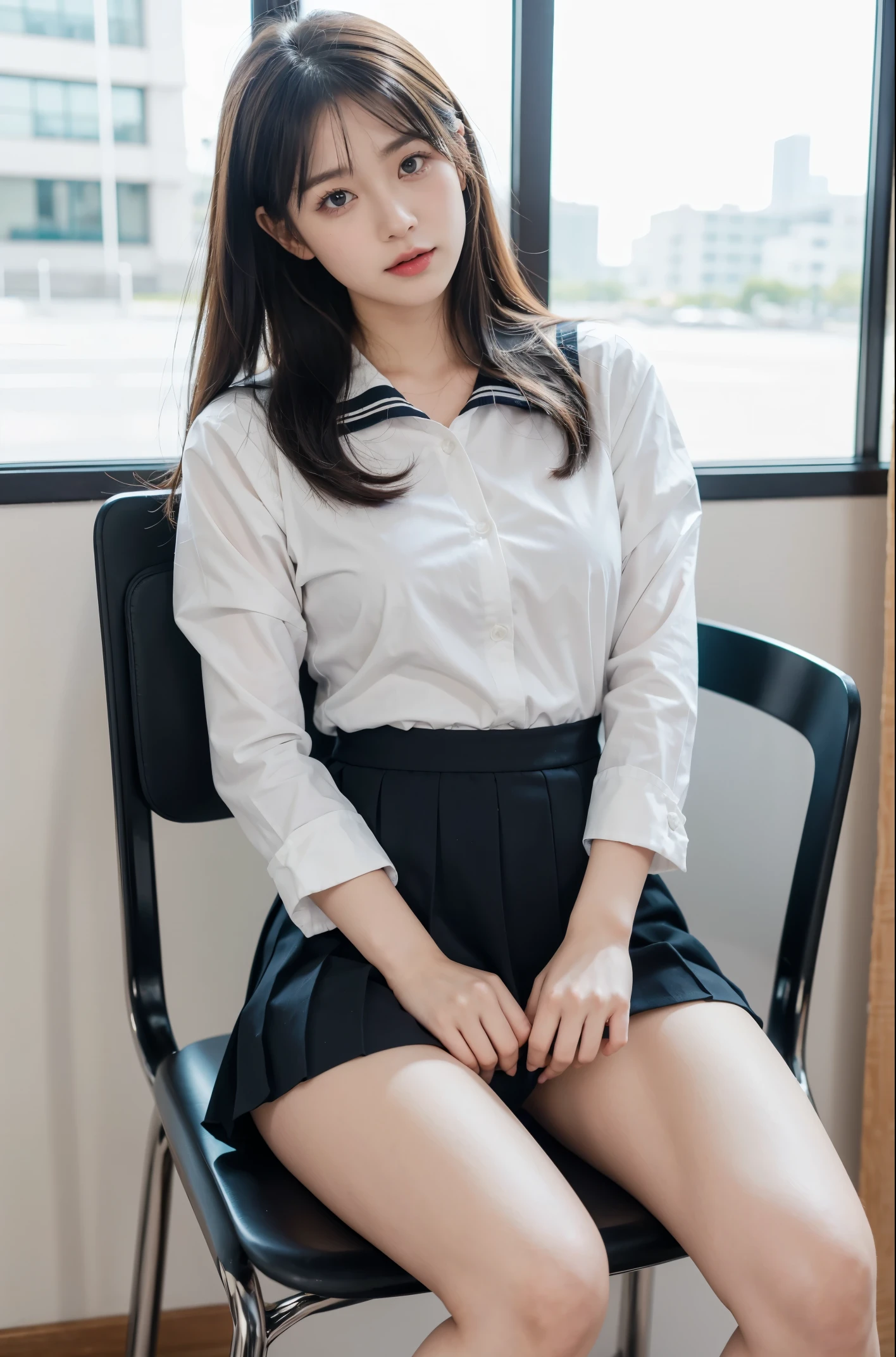 The face is :9,1714884241], Serapuk girl holding skirt in hand, Sailor outfit、Raw foto、Wearing black pantyhose、wearing little white panties、Upskirt, 초a realistic schoolgirl, a realistic schoolgirl, Beautiful girl sitting on a chair, 초a realistic schoolgirl, Fine details. Crotch Pants Show, Ecchi style, Ecchi, Thighs thighs Thighs!!!