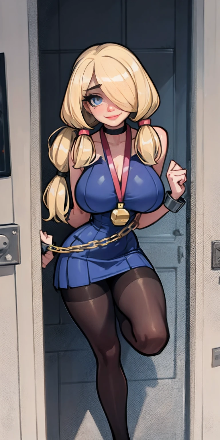 blonde, darkskin, gyaru, sly smile, huge breasts, school clothes, school uniform, bangs over eyes, masterpiece,best quality,1girl,mmplatz,twintails,twin drills,dress,blue pantyhose,striped pantyhose, Female, standing, straight, looking at viewer, handcuffs on their hands, with a collar around the neck, slave, ((black choker, shackles on legs and arms))