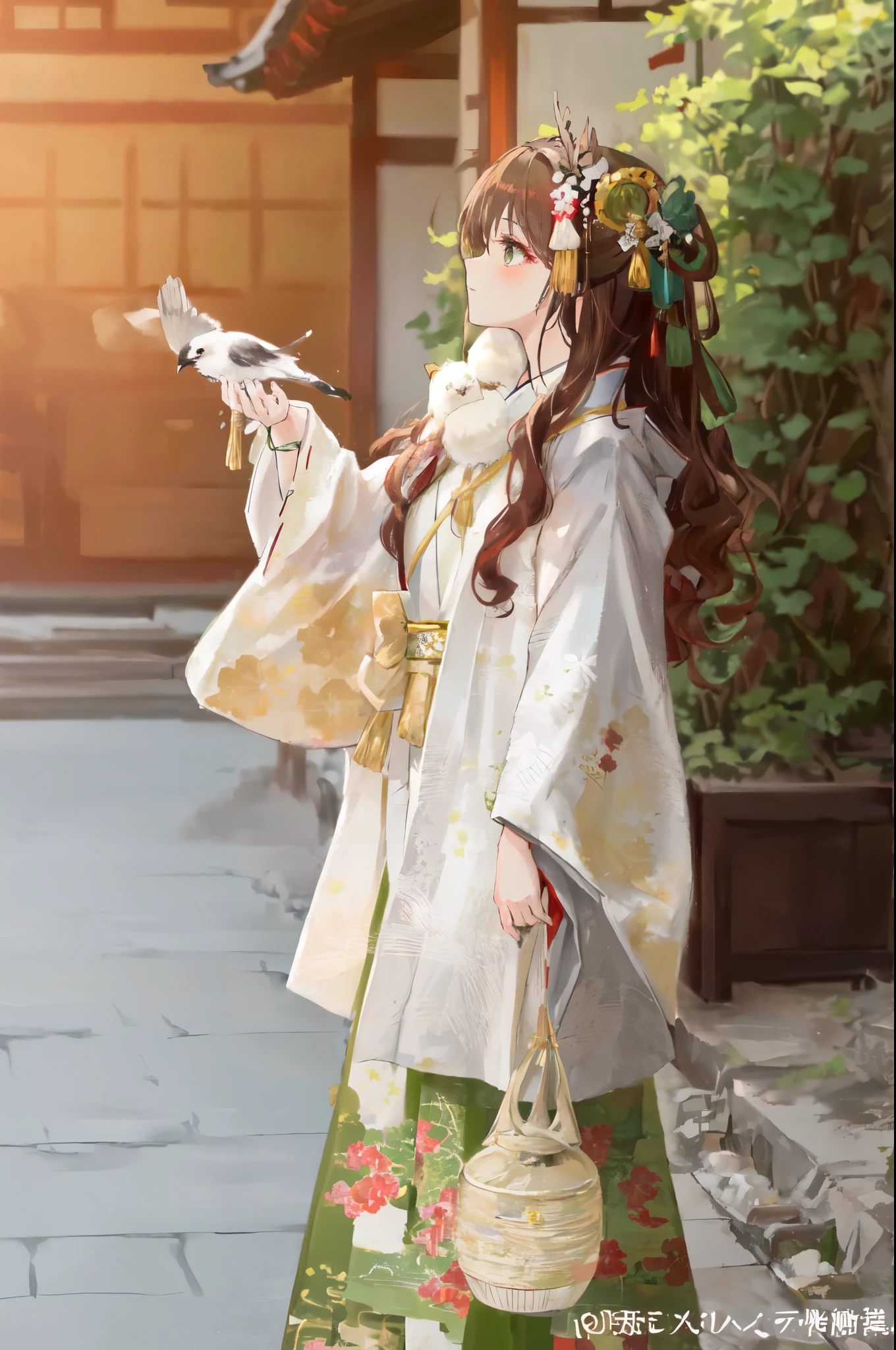 arafed woman in a green dress and white coat holding a bird, brown hair, white hanfu, pale and coloured kimono, dressed with long fluent clothes, wearing a haori, ((wearing aristocrat robe)), in kimono, long beautiful flowing kimono, wearing dramatic aristocrat robe, japanese clothes, palace ， a girl in hanfu, white hime cut hairstyle, wearing kimono
