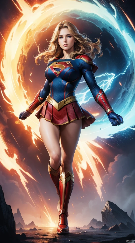 (Best Quality, masterpiece, ultra-detailer, 16K resolution, extremely detailed), Digital Painting, Abstract expressionist painting "Hyperion", character concept art portrait, Supergirl, full body, gigantic breasts, catastrophe,