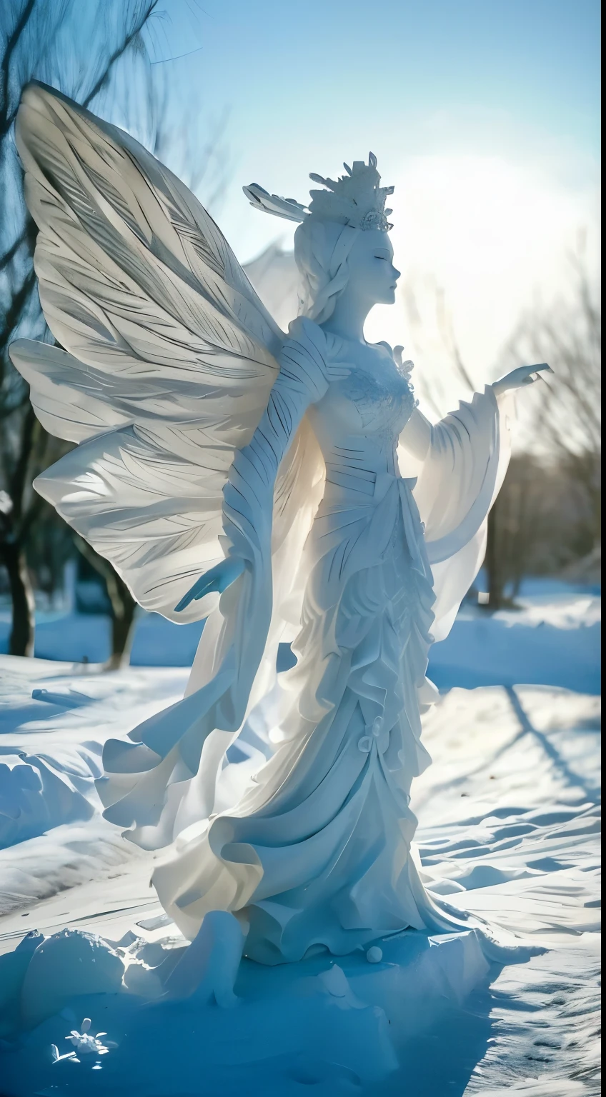 A statue of a woman&#39;My husband wears a white skirt in the snow, goddess of winter, Frozen statue, frozen like a statue, beautiful angel, angel statues, of beautiful angel, huge white glowing wings, With beautiful wings, Winter queen, ethereal wings, beautiful fairie, Ethereal Angel of Light, full - body majestic angel, Magical and mysterious