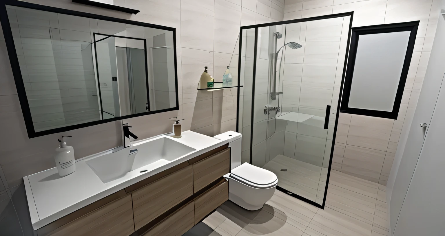 a view of a bathroom with a sink, toilet, mirror, furniture, and shower, premium bathroom design, parquet floor, glass shower cover door,