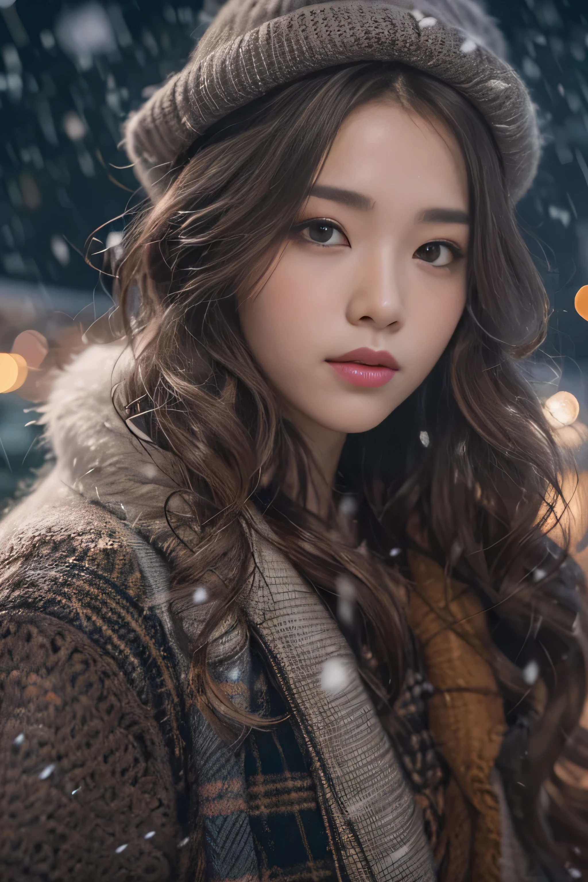 1womanl、Early 20s、(Strong-willed super beauty)、(ultra beautiful faces)、(A detailed face)、Wearing makeup、Wavy brown hair、christmas snowy night、Standing on the platform of a metropolitan station、Background is a stationary train、Shallow depth of field