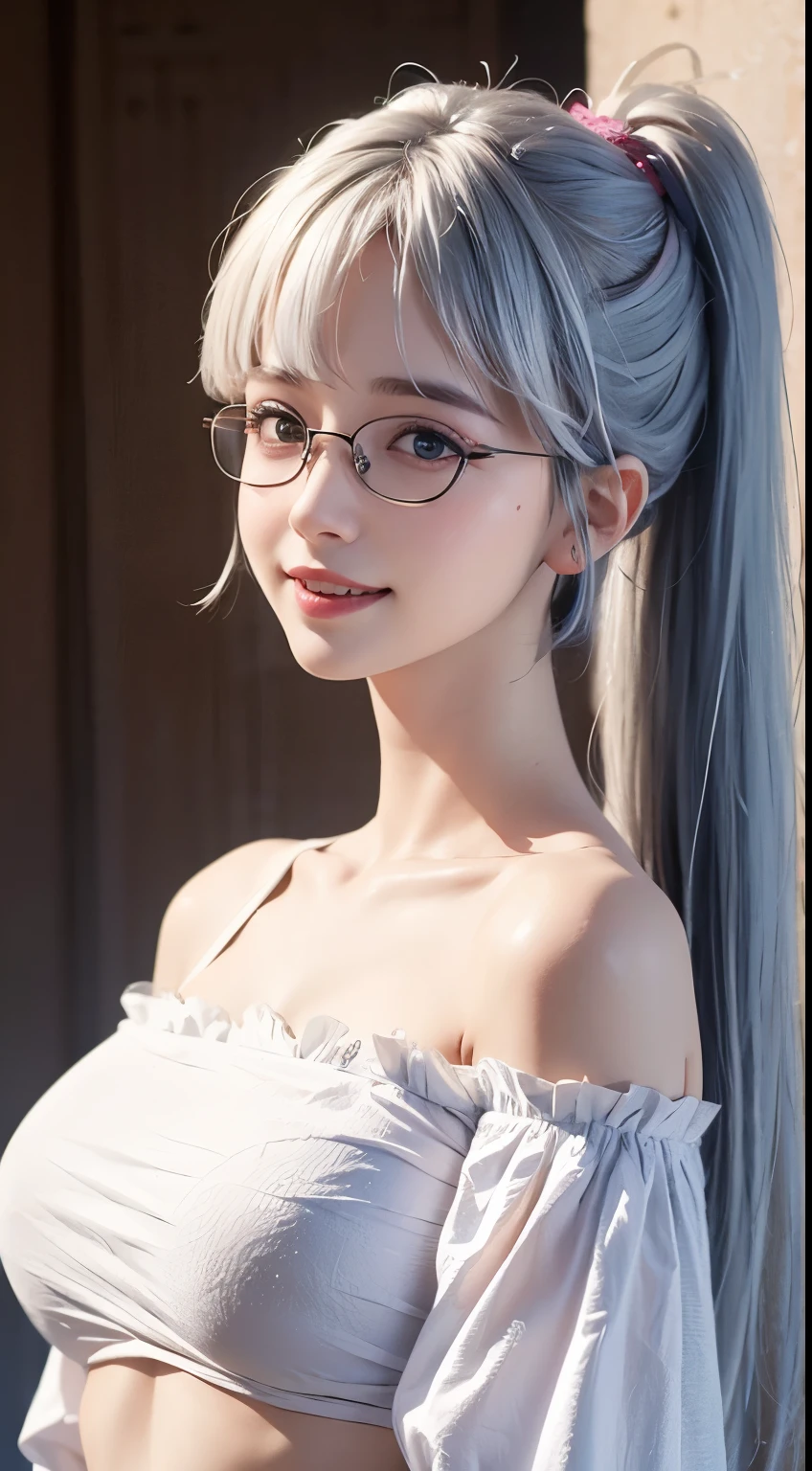 Best quality at best at best，tmasterpiece，Extremely Delicately Beautiful，The content is very detailed，CG，gatherings，8k wallpaper，An Astonishing，depth of fields，1 Chinese girl，very beautiful look，delicate skin，Flawless Face，plain face，white color hair，Long gray hair，high ponytails，There are two strands of white hair on both sides of the ears，Wear pink hair accessories，Eye color is sky blue，Elaborate Eyes，Wear bare breasted half-rimmed glasses, sparkle in eyes，grin face,  Wear a revealing shirt，Super huge, as clear，Expose the abdomen，电影灯光, realistically, tmasterpiece, Best quality at best, Complex CG, The face is very detailed, High detail eyes