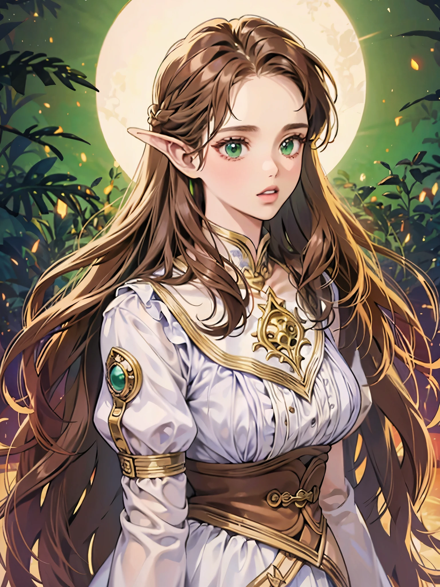 Dark skin, Detail of beautiful young woman, Reddish-blond brown hair, long, Curly and messy hair, Detailed perfect green eyes, Exquisite symmetry, realistic and beautiful face shape, (Enchanted forest background), Ranger Costume Leather Armor, faeries, Wildflowers blend into the hair, full bodyesbian, tmasterpiece, absurd res,finedetail, plethora of colors, dramatic lights, The is very detailed, 电影灯光