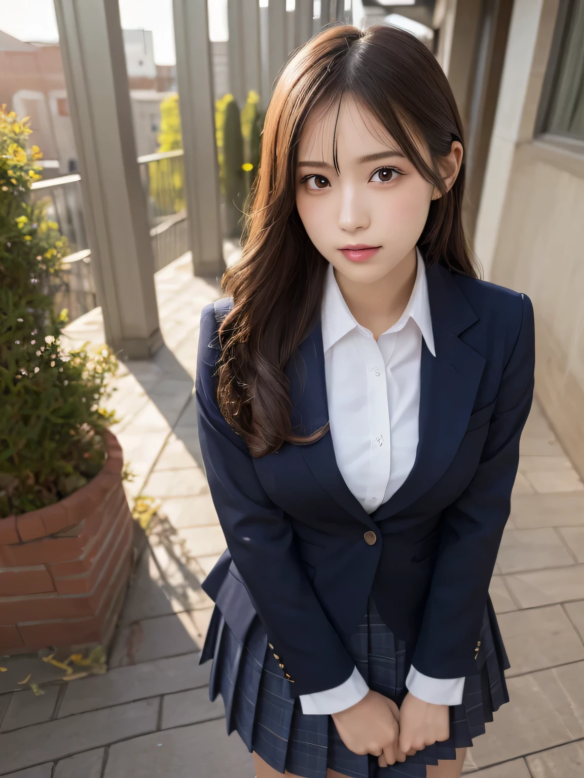 masutepiece, Best Quality, Illustration, Ultra-detailed, finely detail, hight resolution, 8K Wallpaper, Perfect dynamic composition, Beautiful detailed eyes, Natural Lip,Blazer ,School uniform, Big breasts, Full body