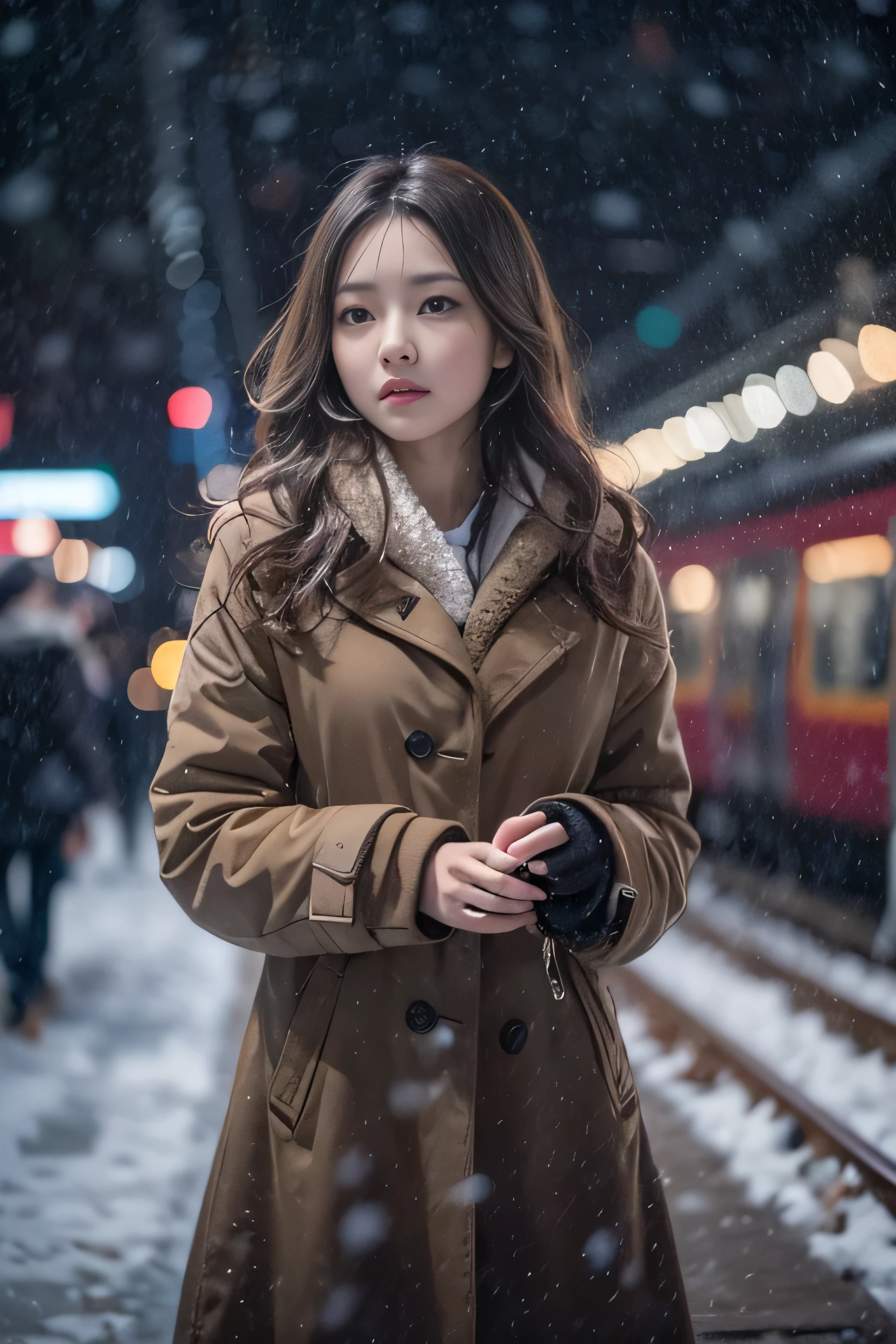 1womanl、Early 20s、(Strong-willed super beauty)、(ultra beautiful faces)、(A detailed face)、Wearing makeup、Wavy brown hair、christmas snowy night、Standing on the platform of a metropolitan station、Background is a stationary train、Shallow depth of field