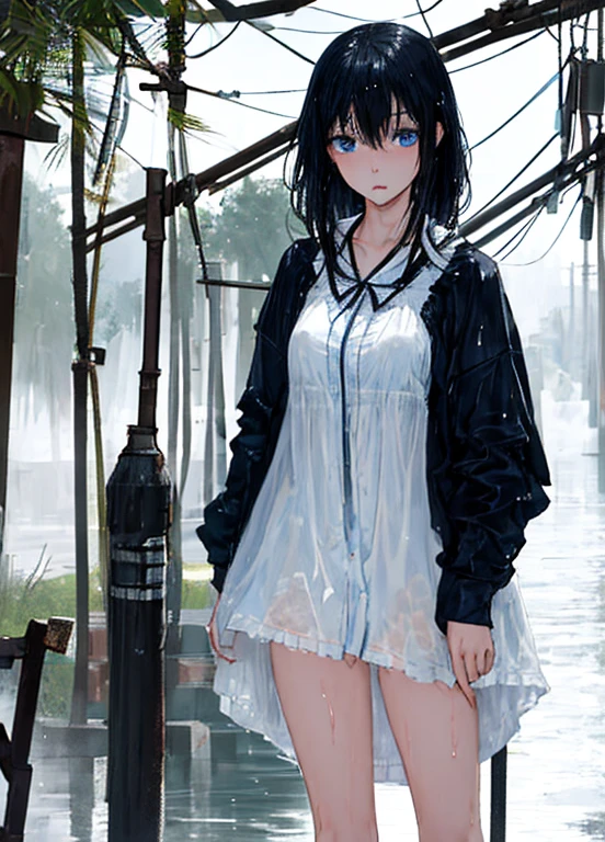 ((masterpiece, best quality)), 1girl, solo focus, shy, confused, black hair, blue eyes, ((wet clothes)),  looking at viewer, upper body, dress, negligee, white legwear,   realistic,