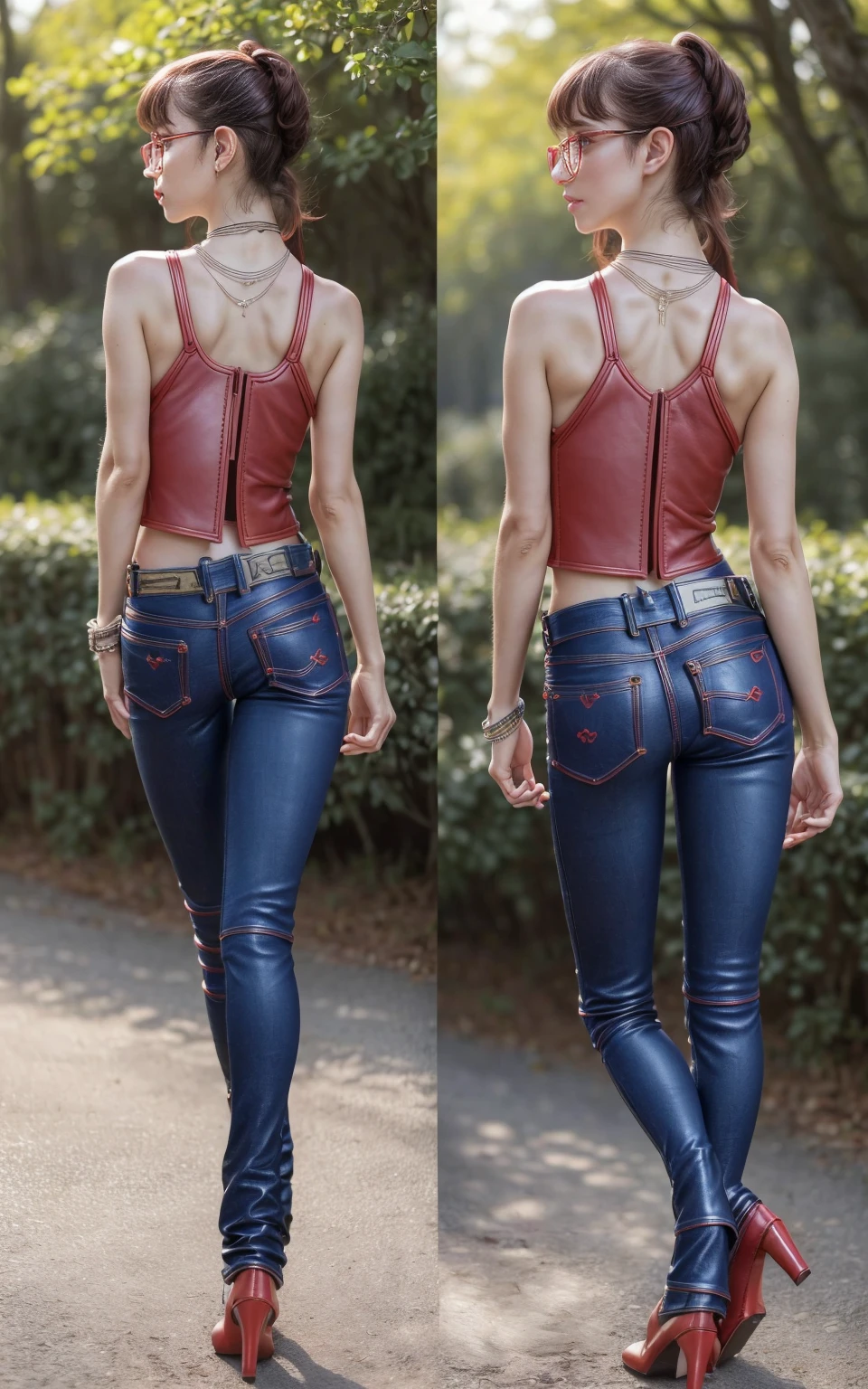 (8K, Masterpiece, RAW photo, Best quality, detail:1.3), (ultra realistic Natural background, scenary:1.5), Depth of field, Cinematic light, (ultra realistic face), (1 picture of 1 solo girl Airim Jones:1.6), 1girl, (Beautiful and elegant Russian girl), (skinny girl with glasses), (European face:1.3), (perfect complete full body:1.6), (full body shot including shoes:1.6), (perfect [frontal view|side profile|back profile]:1.5), (small necklace, collarbone:1.1), ( [bangs|pigtails|bob|pixie] hair:1.5), (ultra detailed skin:1.4), (sexy red minitop:1.4), (Faux Leather Jeans:1.6), (perfect standing pose:1.5), (perfect long legs:1.4)