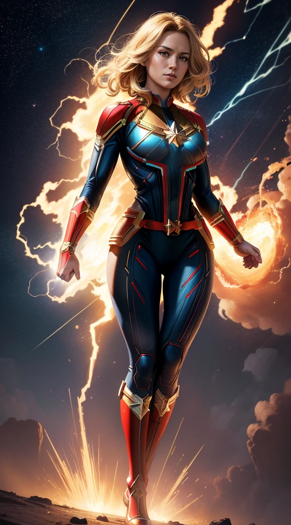 (Best Quality, masterpiece, ultra-detailer, 16K resolution, extremely detailed), Digital Painting, Abstract expressionist painting "Hyperion", character concept art portrait, tarot card, Captain Marvel, full body, gigantic breasts, catastrophe,