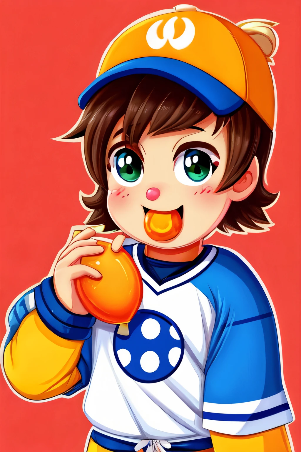 Draw a cartoon hockey player character in kawaii style, who eats an orange.