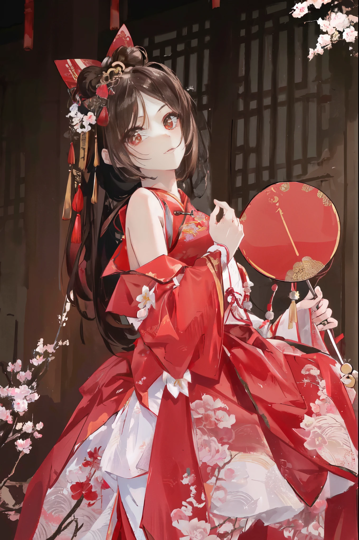 there is a woman in a red dress holding a fan, brown hair, hanfu, chinese costume, chinese dress, chinese style, palace ， a girl in hanfu, traditional chinese, chinese princess, traditional chinese clothing, white hanfu, cheongsam, traditional beauty, wearing ancient chinese clothes, anime girl , with acient chinese clothes