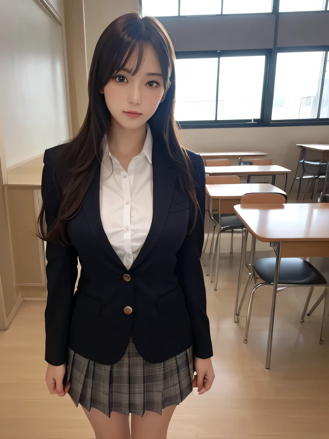 masutepiece, Best Quality, Illustration, Ultra-detailed, finely detail, hight resolution, 8K Wallpaper, Perfect dynamic composition, Beautiful detailed eyes, Natural Lip,Blazer ,School uniform, Big breasts, Full body