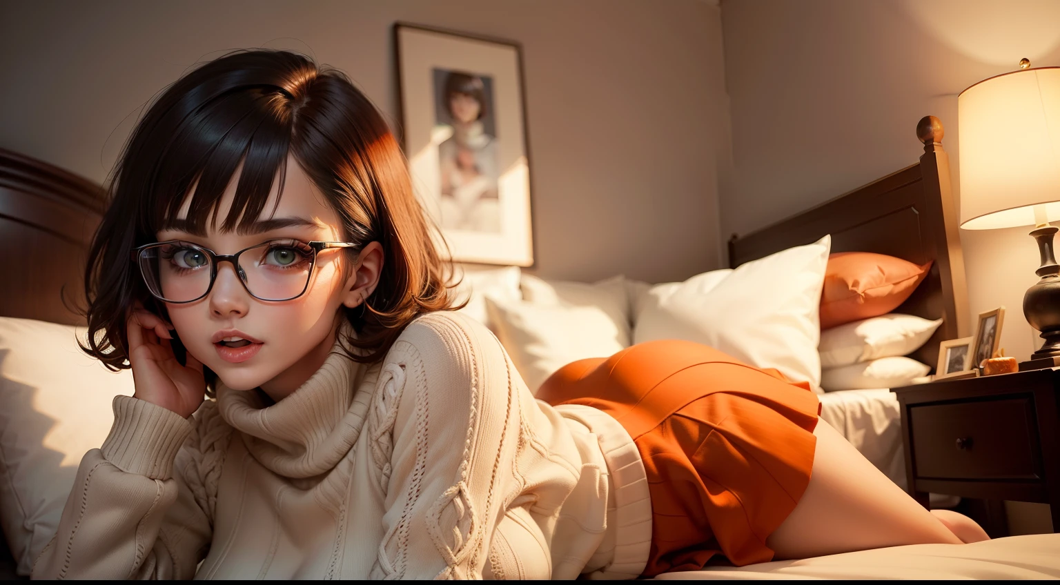 (highres,masterpiece:1.2),ultra-detailed,beautiful detailed eyes,longeyelashes,beautiful detailed lips,detailed face,slim body,adorable,cute,seductive,sexy,femboy,blow job,thigh highs,sweater,cute haircut,glasses,feminine,anime style,erotic,subtle colors,soft lighting