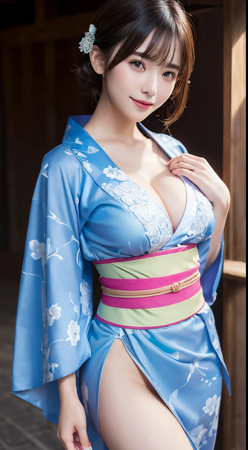 Innocent 20 year old girl、((Wear a yukata with an open chest,thigh visible,Dramatic poses)),Smile,short-cut,Bed background,Raw photo, (8K、top-quality、​masterpiece:1.2)、(intricate detailes:1.4)、(Photorealsitic:1.4)、octane renderings、Complex 3D rendering ultra detail, Studio Soft Light, Rim Lights, vibrant detail, super detailing, realistic skin textures, Detail Face, Beautiful detail eyes, Very detailed CG Unity 16k wallpaper, make - up, (detailedbackground:1.2), shinny skin, Full body、From head to thigh、cleavage of the breast,((Open and stretch both legs))