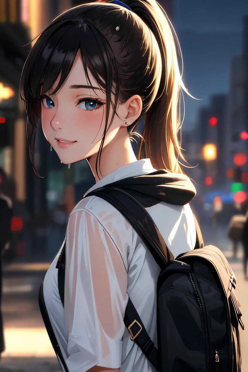 fashion style, masterpiece, best quality, 8k, artstation, sharp focus, (ultrarealistic:1.5), (high details:1.4), raw photo of a young woman, street smiling, backpack, ponytails, faded, complex stuff around, intricate background, soaking wet, (Cinematic:1.4),