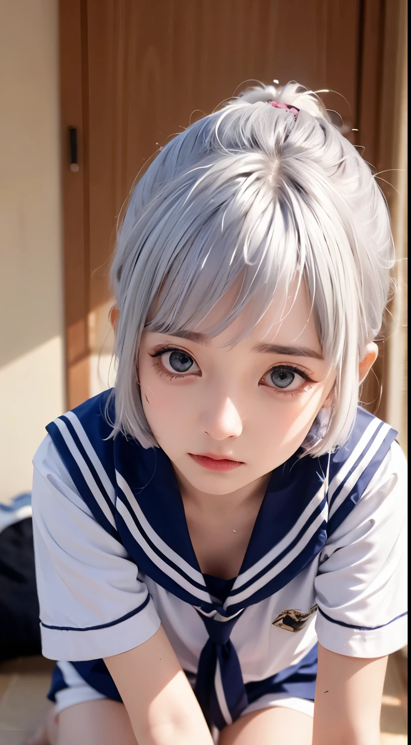 A high resolution, quality, 超quality, the ultra-detailed, lighting like a movie、small tit job、Bedrooms、(kneels on the ground)、embarrassed from、White hair,medium length gray hair,high ponytails,There are two strands of white hair on both sides of the ears,Wear pink hair accessories,skyblue eyes,Elaborate Eyes,weeping,Eyes filled with tears,Tears flowed down her face,white transparent shorts、White sailor suit、s the perfect face