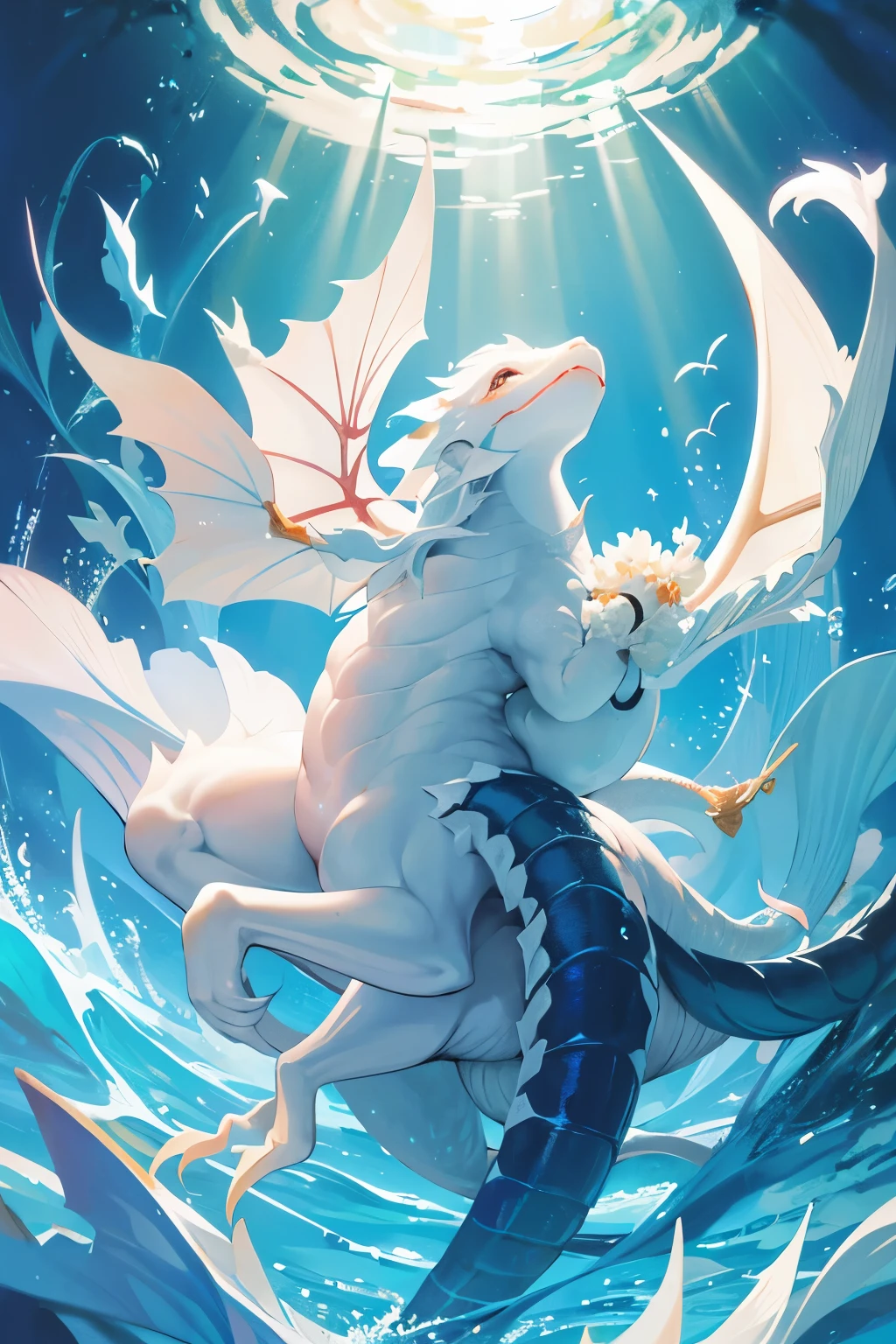 A white oriental dragon swimming from the deep sea to the surface.、Fantastical