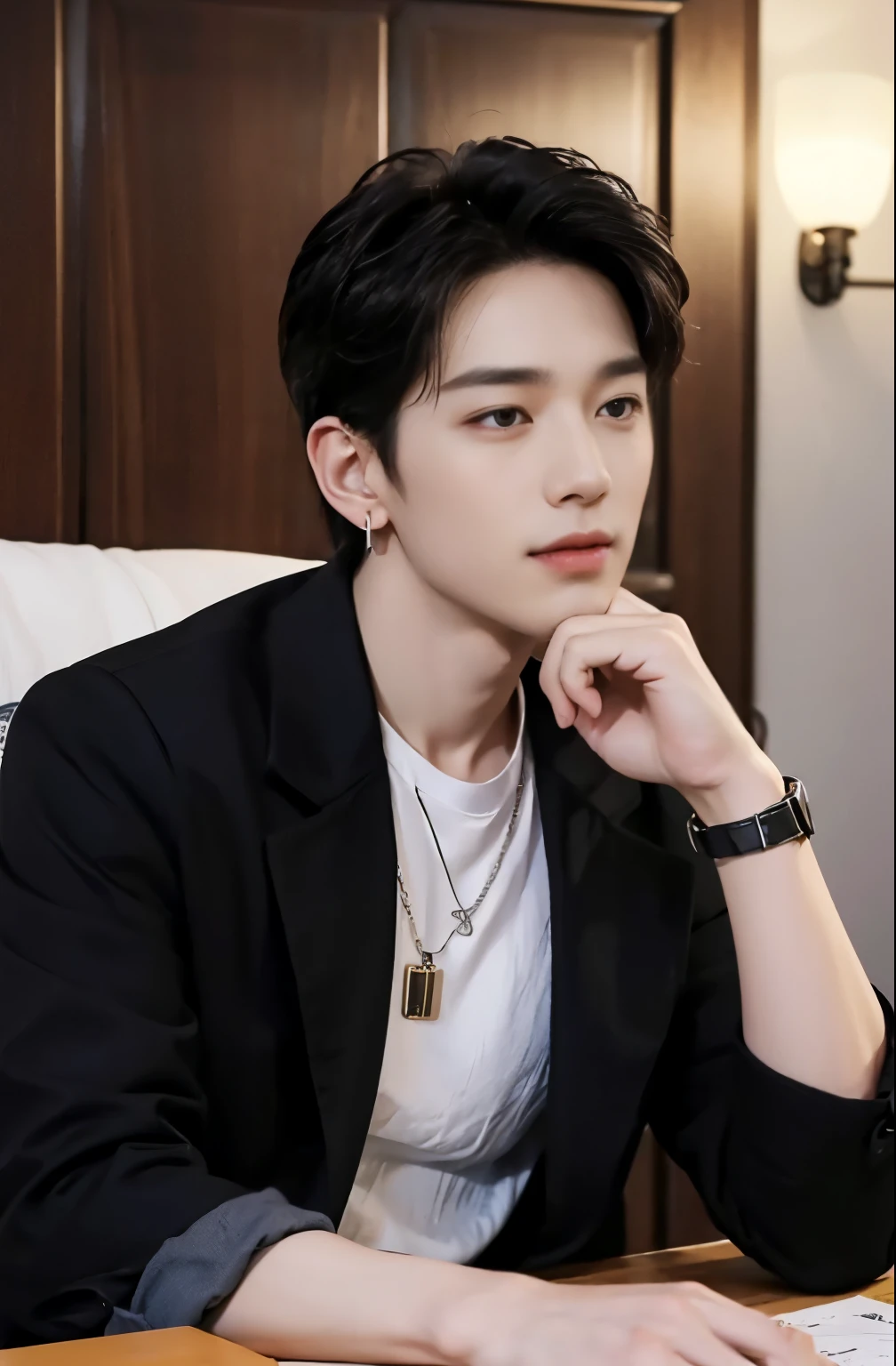 ((Best Quality, 8K, masterpiece: 1.3))、Cool Korean man, 120 year old man、Korean style long hair、Sturdy face、Handsome nose、Detailed eyes and face、Beautiful lighting、(studio)、High Resolution、 (visible to the audience)、mouth details、Thin Mouth、,Sorrisos、whole body: 1.5, perfect body figure: 1.picture of both shoulders:1.3, Wearing a White T-shirt and a casual Black coat:1.5, Accessories : (men's earrings, necklaces, men's rings, men's watches)