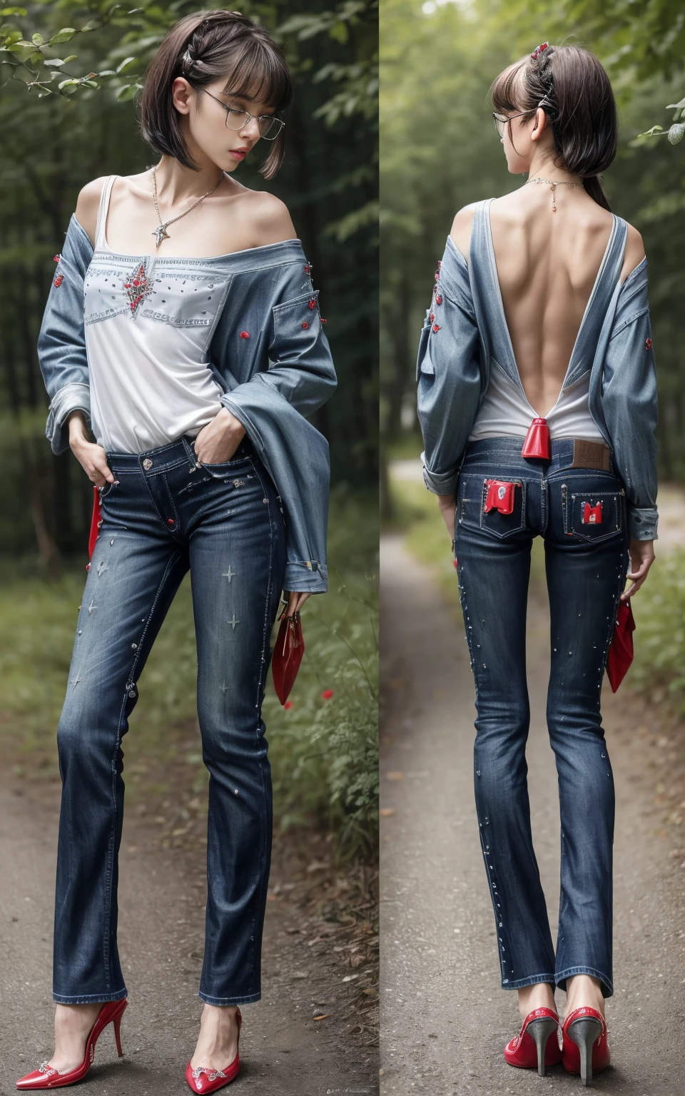 (8K, Masterpiece, RAW photo, Best quality, detail:1.3), (ultra realistic Natural background, scenary:1.5), Depth of field, Cinematic light, (ultra realistic face), (1 picture of 1 solo girl Airim Jones:1.6), 1girl, (Beautiful and elegant Russian girl), (skinny girl with glasses), (European face:1.3), (perfect complete full body:1.6), (full body shot including shoes:1.6), (perfect back profile:1.5), (small necklace, collarbone:1.1), ( [bangs|pigtails|bob|pixie] hair:1.5), (ultra detailed skin:1.4), (sexy red minitop:1.4), (Embellished Pocket Blue Jeans:1.6), (perfect standing pose:1.5), (perfect long legs:1.4)