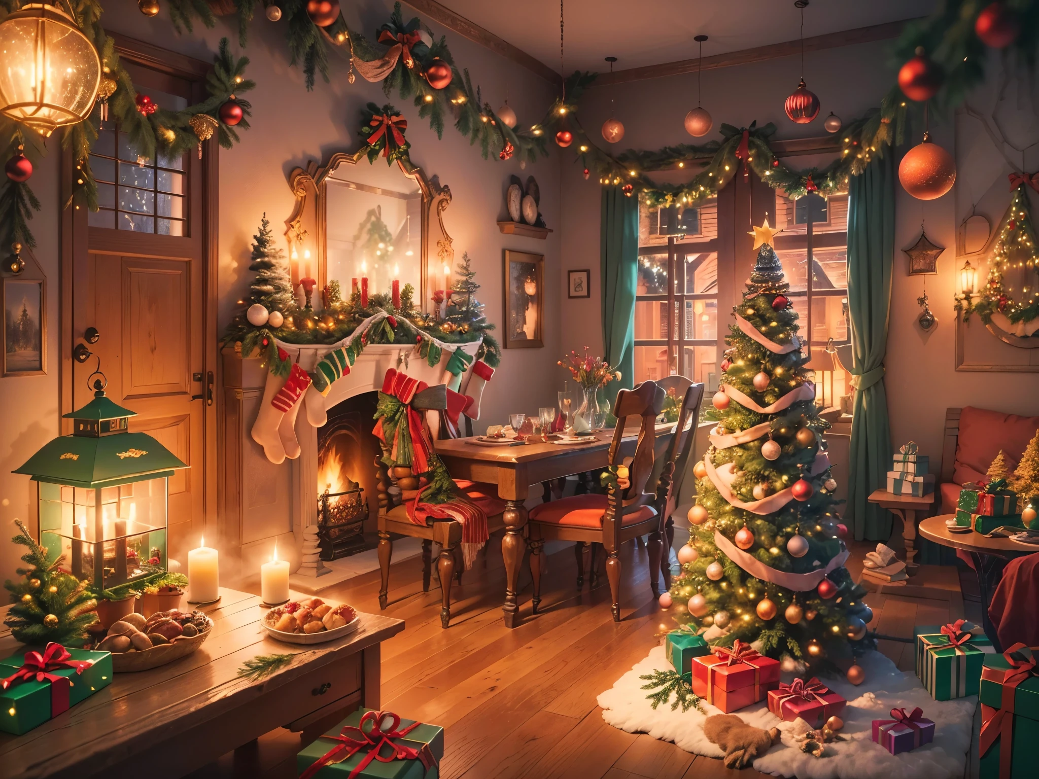 (tmasterpiece:1.2), (Faraway view:1.8), Vibrant colors, Magical atmosphere, Whimsical, ((sky full of stars，The North Star shines))，(Use an illustration style), (European style interior house、Christmas decorations、The fireplace is warm、Lanterns hanging on the stairs、Gifts wrapped in colorful  under the Christmas tree、pile of gifts on the floor、wooden floor、Decorated pine tree、镶wooden floor、mantel、red and green、Christmas atmosphere、traditional christmaestive atmosphere、chaleureux、joyeux Noel、gift tag、Christmas wreath、decorations、metal ribbon、Christmas tree lights、Confectionery，Gingerbread Man，lamplight)、(房间布置得有浓浓的Christmas atmosphere. A string of shining colored lights hangs on the wall, 窗台上放着Christmas wreath和小雪人, In the corner of the room stands a beautifully decorated Christmas tree). (On a table, There are beautiful cutlery and red plates. In the center of the table, Have a sumptuous Christmas feast, Next to it is a bottle of red wine and two exquisite wine glasses, Brings warmth and comfort to the entire room). (Ghibli-style colors, first person perspective, hyper HD, tmasterpiece, acurate, Anatomically correct, ctextured skin, super detailing, high detal, high qulity, Award-Awarded, Best quality at best, 8K), hyper realisitc的, Psychedelic, Complicated details, Beautiful texture, Ethereal, like a dream, Soft glowing light, Charming Patterns, Fantasy creatures, Hidden surprises, dreamlike landscapes, hyper realisitc的 color palette, Mystic aura, hyper realisitc, Enchanting journey, psychedelic trip, vivid imagination, immersive experience, mysterious creature, otherworldly charm, glowing paths, Light up a magical Christmas, hyper realisitc的天空, Whimsical theme park, a magical encounter,Fascinating artwork，（Ultra-high saturation，Bright and bright: 1.8）