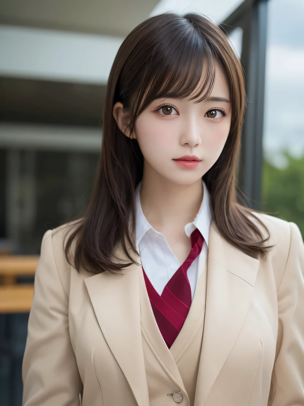 masutepiece, Best Quality, Illustration, Ultra-detailed, finely detail, hight resolution, 8K Wallpaper, Perfect dynamic composition, Beautiful detailed eyes, Natural Lip,Blazer ,School uniform, Big breasts, Full body