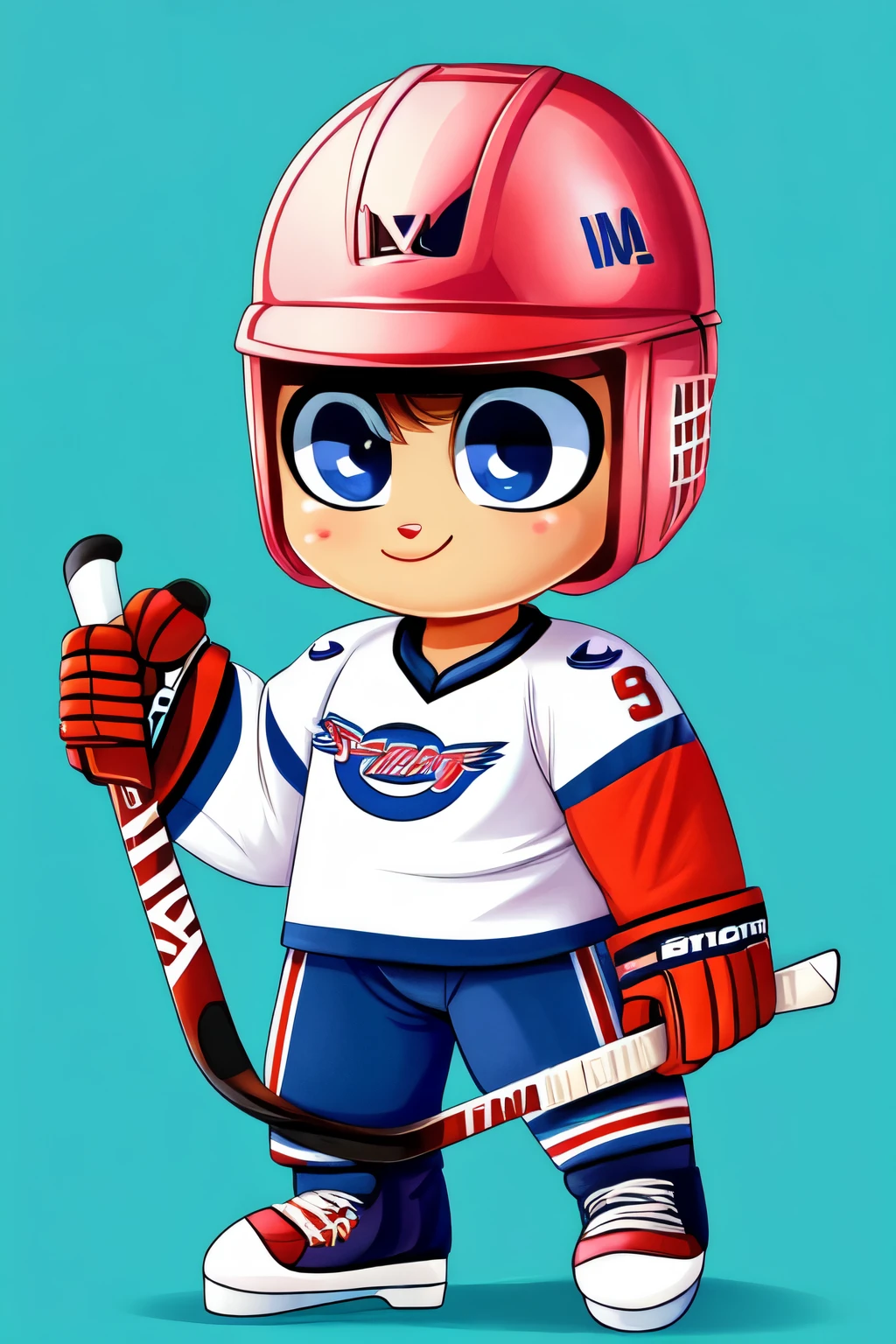 Draw a cartoon hockey player character in kawaii style, with big eyes in a hockey helmet, in a hockey suit.