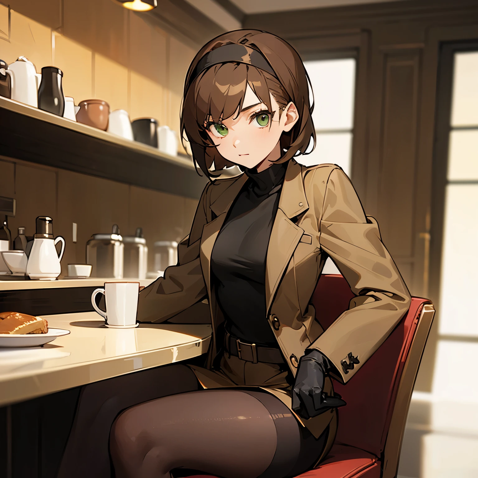 A young woman, 18 years old, short brown hair, green eyes, wearing a brown blazer, a black turtleneck with a dark belt, a brown tight short skirt black tights, black gloves, and a beige headband in her hair, sitting in a cafe